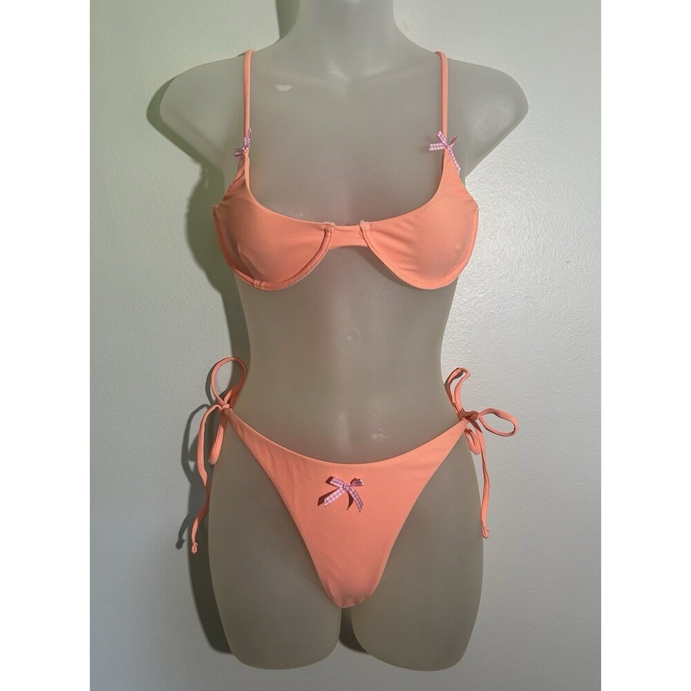 The Tropical Society Coquette Peach Underwire Bikini Bow Tie Side Orange Set M